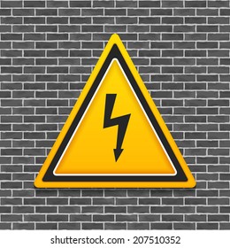 High voltage sign on brick wall, vector eps10 illustration