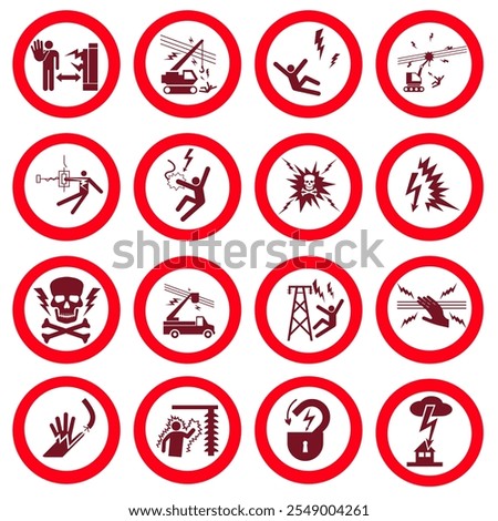 High voltage sign. Round red and white electrical hazard signs. EPS 10.