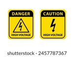 High voltage sign set. Caution and danger sign on yellow background vector illustration.