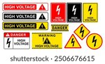 High voltage sign set. Caution or danger or warning sign, electrical hazard sign collection. Vector illustration. Isolated on white background