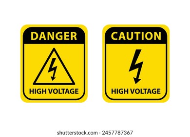 High voltage sign set. Caution and danger sign on yellow background vector illustration.