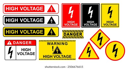 Vorzeichensatz für hohe Spannung. Vorsicht oder Gefahr oder Warnzeichen, Sammlung von elektrischen Gefahrzeichen. Vektorgrafik. Einzeln auf weißem Hintergrund