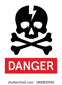 Señal de alta tensión con cráneo, cruces y rayo. Signo de advertencia. Vector