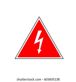 High Voltage Sign. White arrow in red triangle framed by a black and white lines. Vector icon