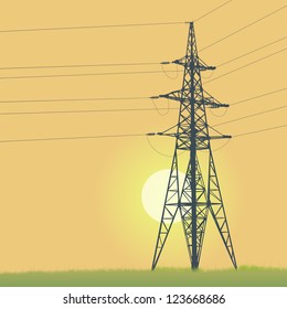 High voltage tower and sunrise. Vector illustration