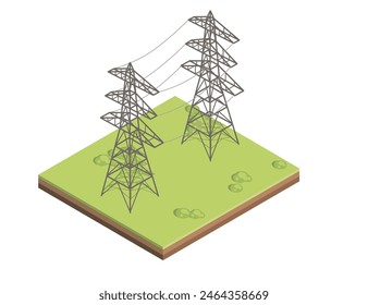 High voltage towers with cables standing on green square of ground vector illustration isolated on white background