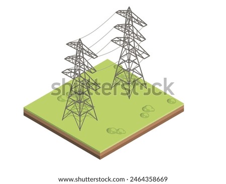 High voltage towers with cables standing on green square of ground vector illustration isolated on white background