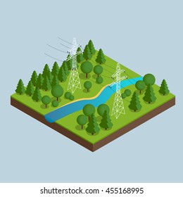 Linhas de transmissão de alta tensão e postes de potência. Pylons de eletricidade. Ilustração da paisagem industrial.