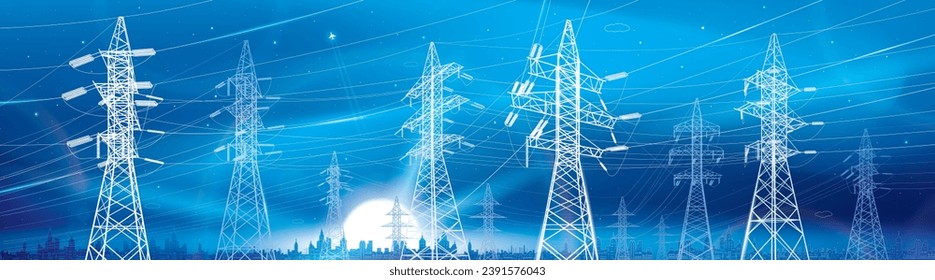 High voltage transmission system. Electricity. Neon glow. City energy infrastructure. Night landscape. Power lines. Network interconnected electrical. White otlines on blue background. Vector design