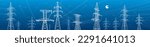 High voltage transmission systems. Electric pole. Power lines. A network of interconnected electrical. Energy pylons. City electricity infrastructure. White otlines on blue background. Vector design