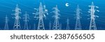 High voltage transmission systems. Electric pole. Power lines. A network of interconnected electrical. Energy pylons. City electricity infrastructure. White otlines on blue background. Vector design