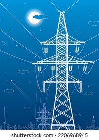 High voltage transmission systems. Electric pole. Power lines. A network of interconnected electrical. White otlines on blue background. Vector design illustration