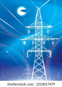 High voltage transmission systems. Electric pole. Neon glow. Power lines. A network of interconnected electrical. White otlines on blue background. Vector design illustration