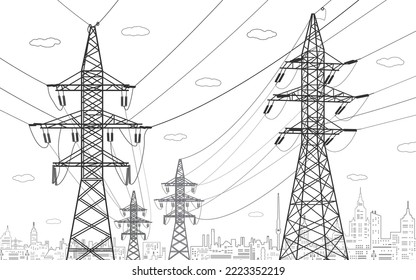 Hochspannungsübertragungssysteme. Elektrischer Pol. Stromleitungen. Ein Netz von miteinander verbundenen elektrischen Geräten. Vektordesign-Illustration