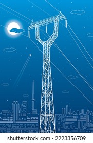 High voltage transmission systems. Electric pole. Power lines. A network of interconnected electrical. White otlines on blue background. Vector design illustration