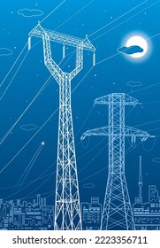 High voltage transmission systems. Electric pole. Power lines. A network of interconnected electrical. White otlines on blue background. Vector design illustration