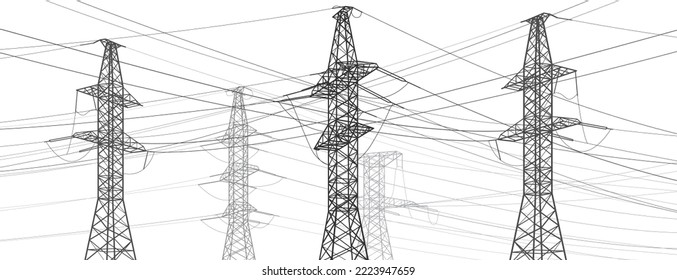 Sistemas de transmisión de alta tensión. Poste eléctrico. Líneas eléctricas. Una red de electricidad interconectada. Ilustración de diseño del vector