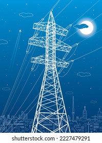 Sistemas de transmisión de alta tensión. Poste eléctrico. Líneas eléctricas. Una red de electricidad interconectada. Líneas blancas de fondo azul. Ilustración de diseño del vector