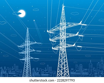High voltage transmission systems. Electric pole. Power lines. A network of interconnected electrical. City scene. White otlines on blue background. Vector design illustration