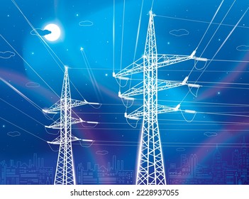 Hochspannungsübertragungssysteme. Elektrischer Pol. Neonleuchte. Stadt-Szene. Stromleitungen. Ein Netz von miteinander verbundenen elektrischen Geräten. Weiße Otlines auf blauem Hintergrund. Vektordesign-Illustration