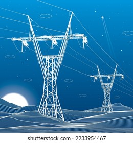High voltage transmission systems. Electric pole. Power lines. A network of interconnected electrical. White otlines on blue background. Vector design illustration