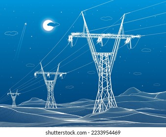 Sistemas de transmisión de alta tensión. Poste eléctrico. Líneas eléctricas. Una red de electricidad interconectada. Líneas blancas de fondo azul. Ilustración de diseño del vector