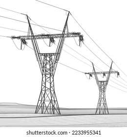 High voltage transmission systems. Electric pole. Power lines. A network of interconnected electrical. City scene. Black otlines on white background. Vector design illustration