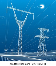 High voltage transmission systems. Electric pole. Power lines. A network of interconnected electrical. White otlines on blue background. Vector design illustration