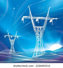 High voltage transmission systems. Electric pole. Neon glow. Night landscape. Power lines. Network of interconnected electrical. White otlines on blue background. Vector design illustration