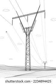 High voltage transmission systems. Electric pole. Power lines. A network of interconnected electrical. Black otlines on white background. Vector design illustration