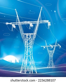 High voltage transmission systems. Electric pole. Neon glow. Night landscape. Power lines. Network of interconnected electrical. White otlines on blue background. Vector design illustration