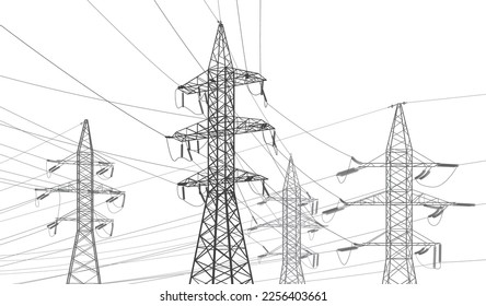 High voltage transmission systems. Electric pole. Power lines. Black outlines image. A network of interconnected electrical. Vector design illustration