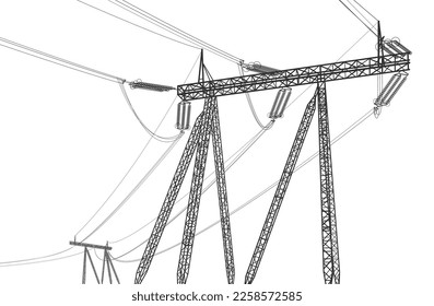 Sistemas de transmisión de alta tensión. Poste eléctrico. Líneas eléctricas. Pilones de energía. Imagen de contorno negro. Una red de electricidad interconectada. Ilustración de diseño del vector