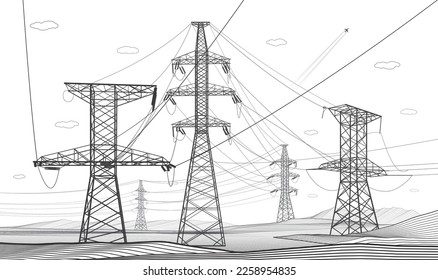 High voltage transmission systems. Electric pole. Power lines. Energy pylons. Black outlines image. A network of interconnected electrical. Vector design illustration