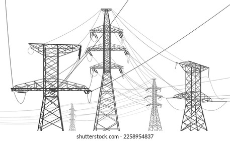 High voltage transmission systems. Electric pole. Power lines. Energy pylons. Black outlines image. A network of interconnected electrical. Vector design illustration