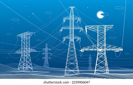 High voltage transmission systems. Electric pole. Energy pylons. Power lines. A network of interconnected electrical. White otlines on blue background. Vector design illustration