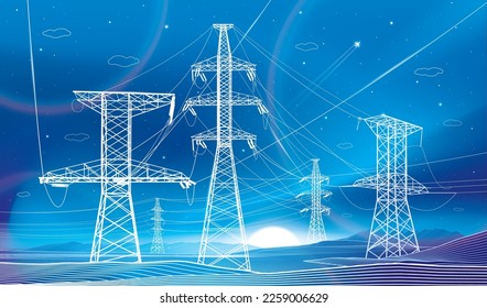 High voltage transmission systems. Electric pole. Neon glow. Energy pylons. Power lines. A network of interconnected electrical. White otlines on blue background. Vector design illustration