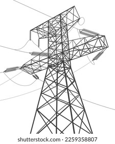 High voltage transmission systems. Electric pole. Power lines. Energy pylons. Black outlines image. A network of interconnected electrical. Vector design illustration