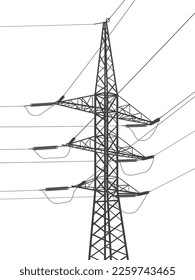 Sistemas de transmisión de alta tensión. Poste eléctrico. Líneas eléctricas. Pilones de energía. Imagen de contorno negro. Una red de electricidad interconectada. Ilustración de diseño del vector