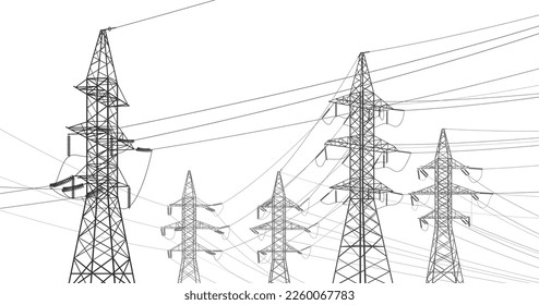 Sistemas de transmisión de alta tensión. Poste eléctrico. Líneas eléctricas. Pilones de energía. Imagen de contorno negro. Una red de electricidad interconectada. Ilustración de diseño del vector