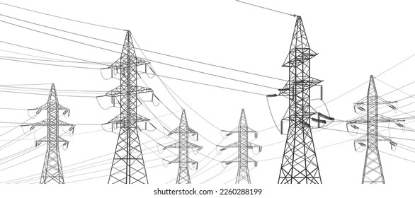 Sistemas de transmisión de alta tensión. Poste eléctrico. Líneas eléctricas. Pilones de energía. Imagen de contorno negro. Una red de electricidad interconectada. Ilustración de diseño del vector