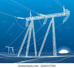 High voltage transmission systems. Electric pole. Power lines. A network of interconnected electrical. Energy pylons. City electricity infrastructure. White otlines on blue background. Vector design