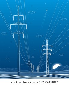 High voltage transmission systems. Electric pole. Power lines. A network of interconnected electrical. Energy pylons. City electricity infrastructure. White otlines on blue background. Vector design