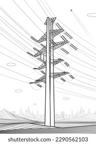 High voltage transmission systems. Electric pole. Power lines. A network of interconnected electrical. Energy pylons. City electricity infrastructure. Gray otlines on white background. Vector design