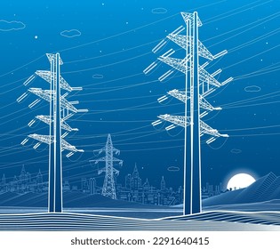 High voltage transmission systems. Electric pole. Power lines. A network of interconnected electrical. Energy pylons. City electricity infrastructure. White otlines on blue background. Vector design