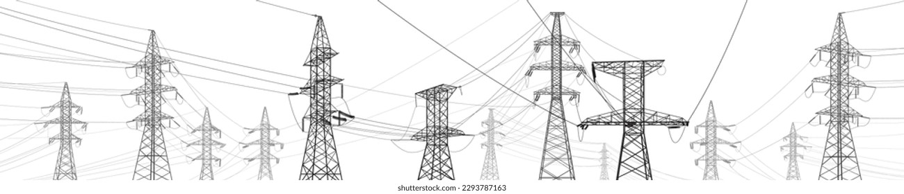 Hochspannungsübertragungssysteme. Elektrischer Pol. Stromleitungen. Ein Netz von miteinander verbundenen elektrischen Geräten. Energiepylons. städtische Elektrizitätsinfrastruktur. Graue Linien auf weißem Hintergrund. Vektordesign