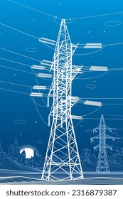 High voltage transmission systems. Electric pole. Power lines. A network of interconnected electrical. Energy pylons. City electricity infrastructure. White otlines on blue background. Vector design