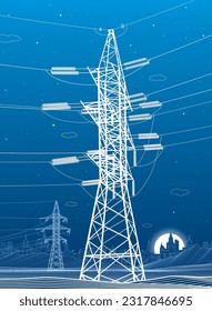 High voltage transmission systems. Electric pole. Power lines. A network of interconnected electrical. Energy pylons. City electricity infrastructure. White otlines on blue background. Vector design