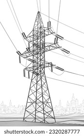 High voltage transmission systems. Electric pole. Power lines. A network of interconnected electrical. Energy pylons. City electricity infrastructure. Gray otlines on white background. Vector design