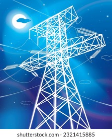 Sistemas de transmisión de alta tensión. Poste eléctrico. Neon resplandece. Pilones de energía. Líneas eléctricas. Una red de electricidad interconectada. Líneas blancas de fondo azul. Ilustración de diseño del vector